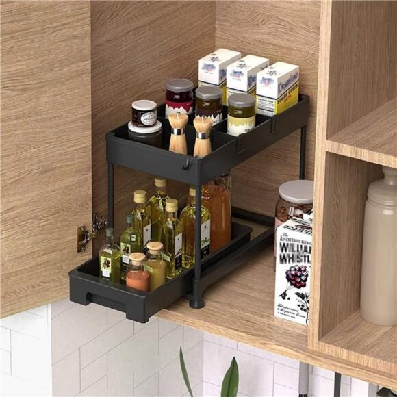 Sliding Cabinet Basket Organizer 2 Tier Under Bathroom Storage Black, 2 Pack - Picture 5 of 7